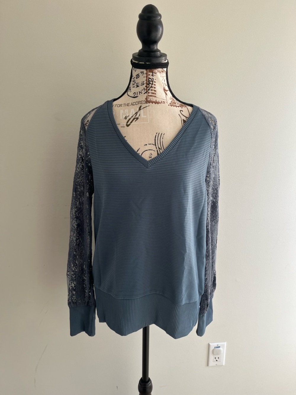 V-neck Lace Sleeve Pullover - Dusty Blue